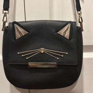 Kate Spade black make it mine byrdie cat crossbody leather purse with jewels